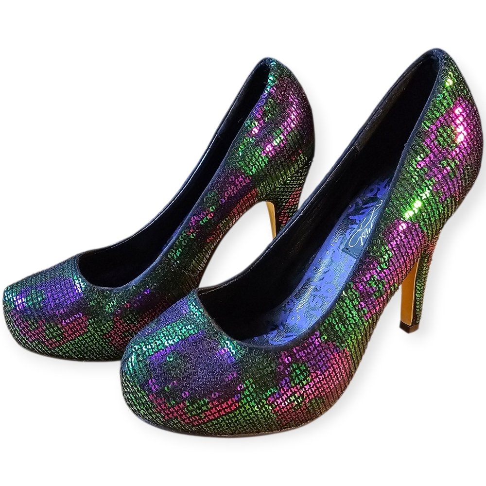 💀✨ Iron Fist Digiskull Platform Pumps – Green & Purple Sequin | Size 38 (US 7.5